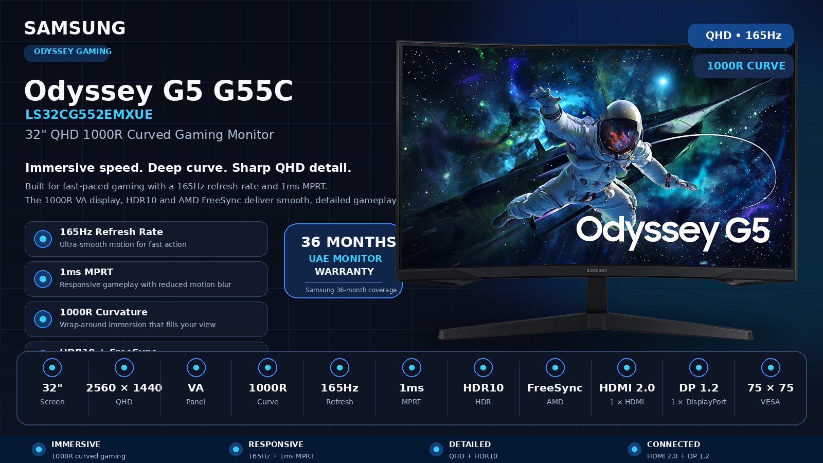 Samsung Odyssey G5 G55C LS32CG552EMXUE, 32-inch QHD 1000R Curved Gaming Monitor, VA, 165Hz, 1ms MPRT, HDR10, AMD FreeSync, HDMI, DisplayPort, Black, 3-Year Warranty | LS32CG552EMXUE